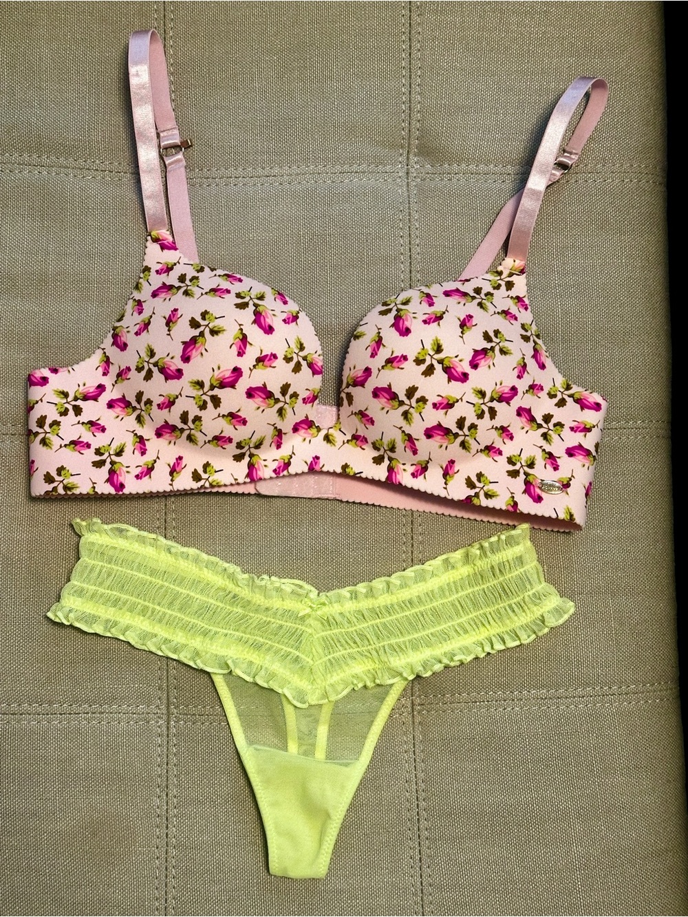 Betsey Johnson Pink Floral Push-Up Bra with Neon Lime Lace Thong